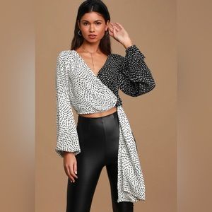 Large You Dot It Black and White Print Two-Tone Long Sleeve Wrap Top
Lulus